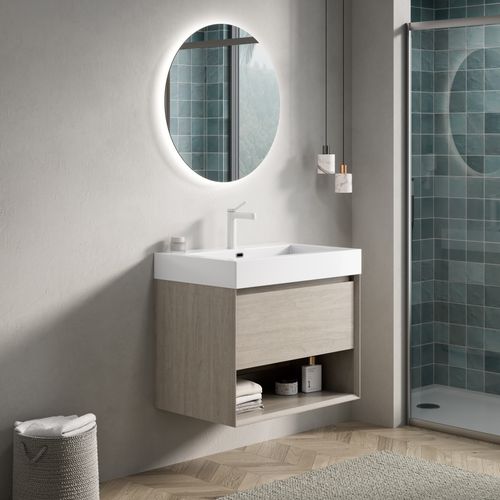 Meuble Vasque Mural 70 Cm Avec Lavabo Résine Blanc Et Placage Bois Chêne Clair