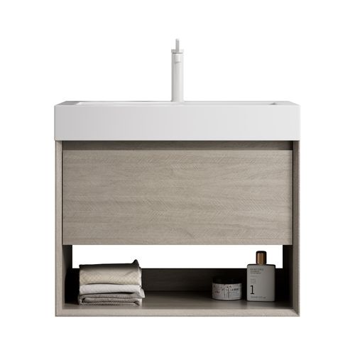 Meuble Vasque Mural 70 Cm Avec Lavabo Résine Blanc Et Placage Bois Chêne Clair