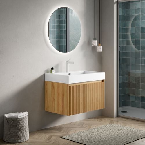 Meuble Vasque Mural 70 Cm Avec Lavabo Résine Blanc Et Placage Bois Naturel