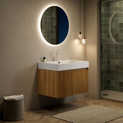 Meuble Vasque Mural 70 Cm Avec Lavabo Résine Blanc Et Placage Bois Naturel