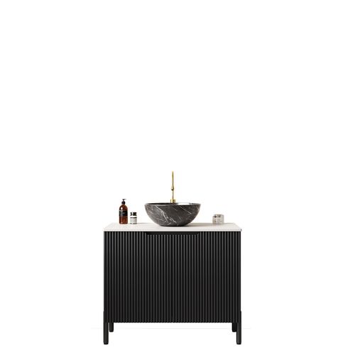 Meuble Vasque Autoportant 76 Cm Avec Lavabo Noir Et Plan En Pierre Carrara