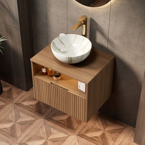 Meuble Vasque Mural 60 cm Avec Lavabo Céramique Et Tiroir Avec LED Sensorielle
