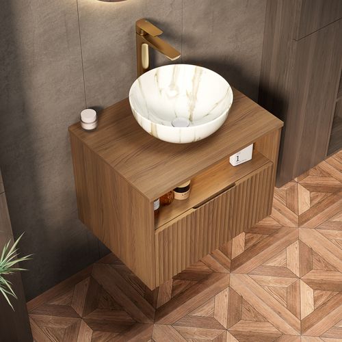 Meuble Vasque Mural 60 cm Avec Lavabo Céramique Et Tiroir Avec LED Sensorielle