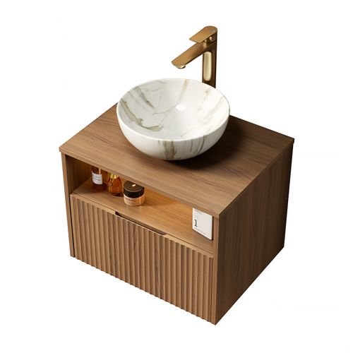 Meuble Vasque Mural 60 cm Avec Lavabo Céramique Et Tiroir Avec LED Sensorielle