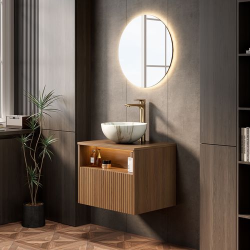 Meuble Vasque Mural 60 cm Avec Lavabo Céramique Et Tiroir Avec LED Sensorielle