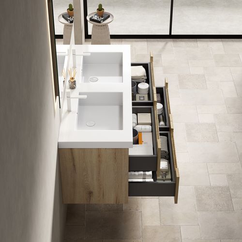 Meuble Vasque Suspendu 120 cm Avec 2 Lavabos Intégrés Et Tiroirs En Bois