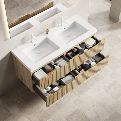 Meuble Vasque Suspendu 120 cm Avec 2 Lavabos Intégrés Et Tiroirs En Bois