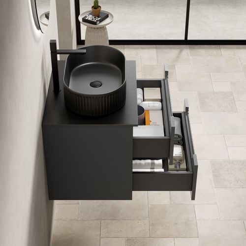 Meuble Vasque Suspendu 60 cm Avec Lavabo Ovale Noir Et Tiroirs Élégants