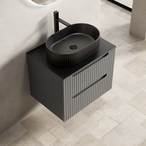 Meuble Vasque Suspendu 60 cm Avec Lavabo Ovale Noir Et Tiroirs Élégants