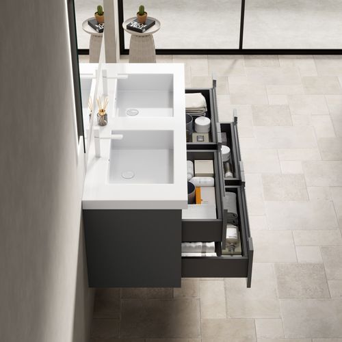 Meuble Vasque Suspendu 120 cm Avec 2 Lavabos Intégrés Et Tiroirs Gris Foncé