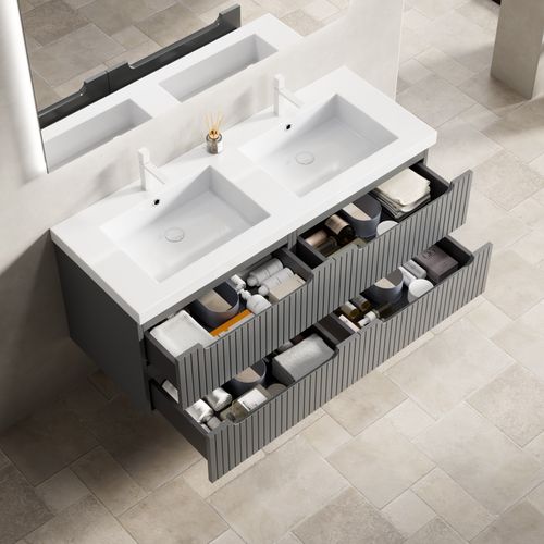 Meuble Vasque Suspendu 120 cm Avec 2 Lavabos Intégrés Et Tiroirs Gris Foncé