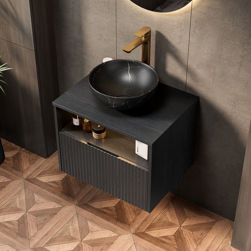 Meuble Vasque Suspendu 60 cm Avec Lavabo Noir Intégré, Tiroir Et LED Automatique