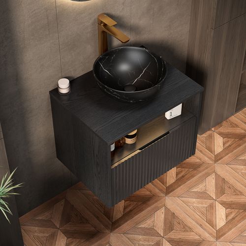 Meuble Vasque Suspendu 60 cm Avec Lavabo Noir Intégré, Tiroir Et LED Automatique