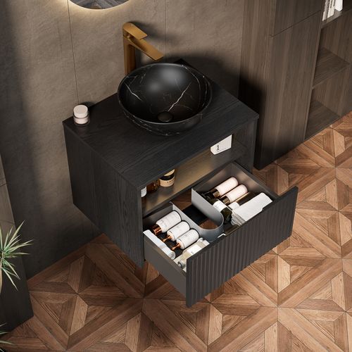 Meuble Vasque Suspendu 60 cm Avec Lavabo Noir Intégré, Tiroir Et LED Automatique