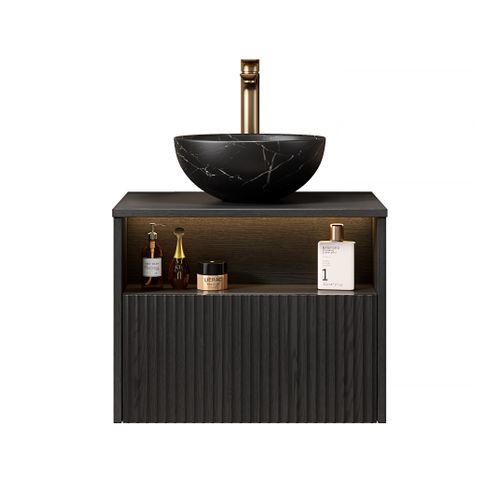 Meuble Vasque Suspendu 60 cm Avec Lavabo Noir Intégré, Tiroir Et LED Automatique