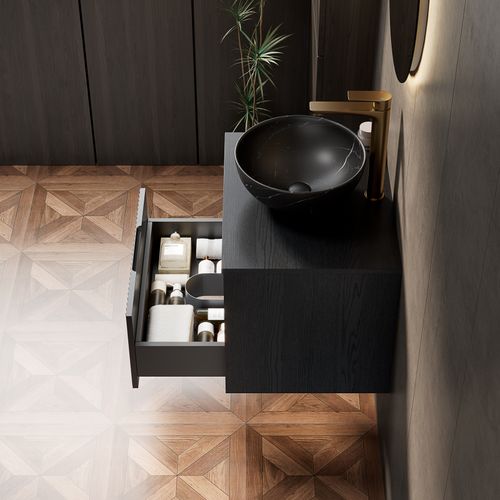 Meuble Vasque Suspendu 60 cm Avec Lavabo Noir Intégré, Tiroir Et LED Automatique
