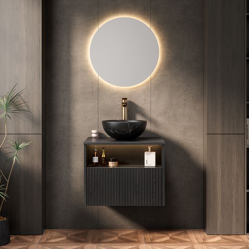 Meuble Vasque Suspendu 60 cm Avec Lavabo Noir Intégré, Tiroir Et LED Automatique