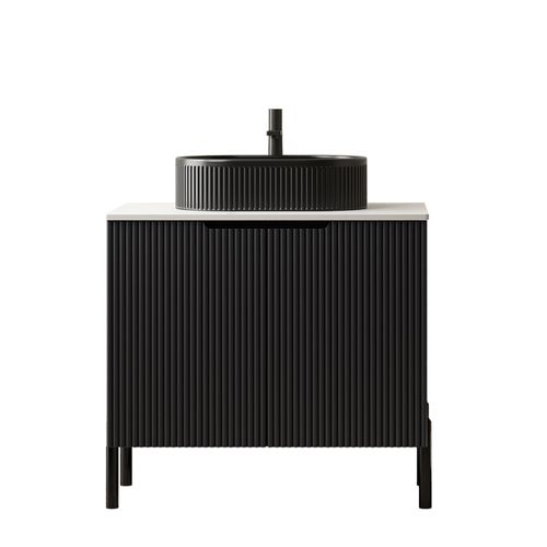 Meuble Vasque 76 cm Noir Avec Lavabo Céramique Ovale Et Plan En Pierre Carrara