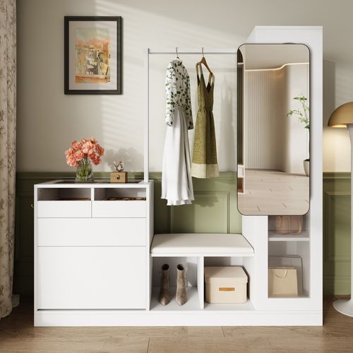 Vestiaire D’entrée 6-en-1 Avec Coiffeuse, Banc à Chaussures, Vitrine Et LED Colorée