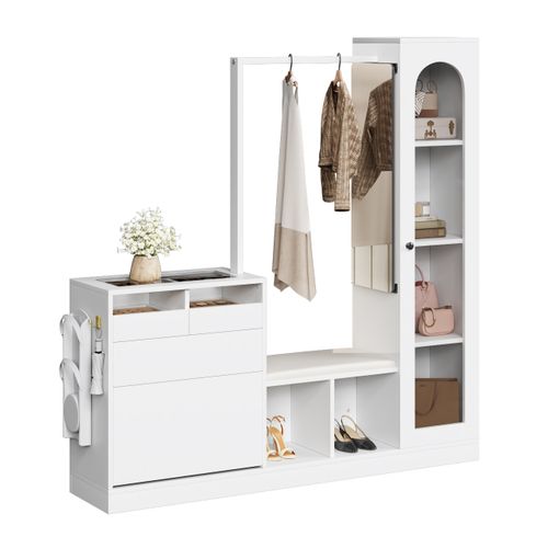 Vestiaire D’entrée 6-en-1 Avec Coiffeuse, Banc à Chaussures, Vitrine Et LED Colorée