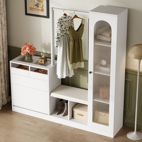 Vestiaire D’entrée 6-en-1 Avec Coiffeuse, Banc à Chaussures, Vitrine Et LED Colorée