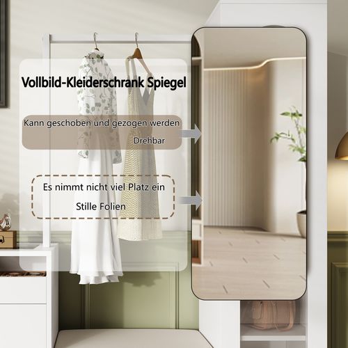 Vestiaire D’entrée 6-en-1 Avec Coiffeuse, Banc à Chaussures, Vitrine Et LED Colorée