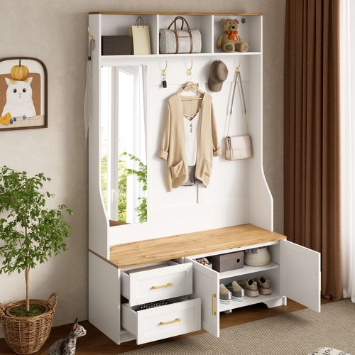 Vestiaire D’entrée Multifonction Avec LED, Miroir, Tiroirs Et Assise Intégrée