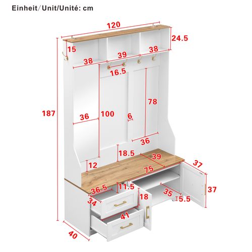 Vestiaire D’entrée Multifonction Avec LED, Miroir, Tiroirs Et Assise Intégrée