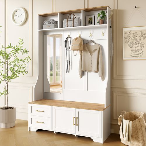 Vestiaire D’entrée Multifonction Avec LED, Miroir, Tiroirs Et Assise Intégrée