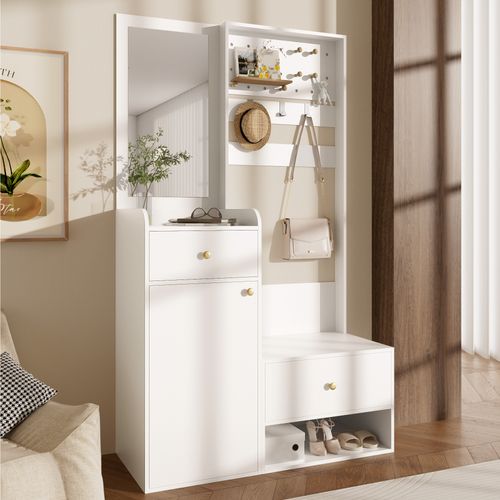 Vestiaire D’entrée Compacte Blanche Avec Miroir, Crochets Réglables Et Tiroirs