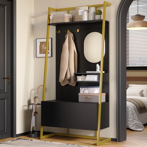 Garde-robe Compacte Moderne Avec Miroir, Banc Et Crochets Métalliques