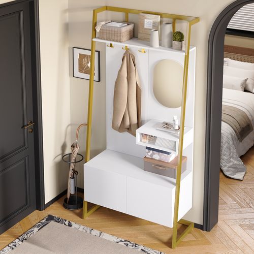 Garde-robe Compacte Moderne Avec Miroir, Banc Et Crochets Métalliques