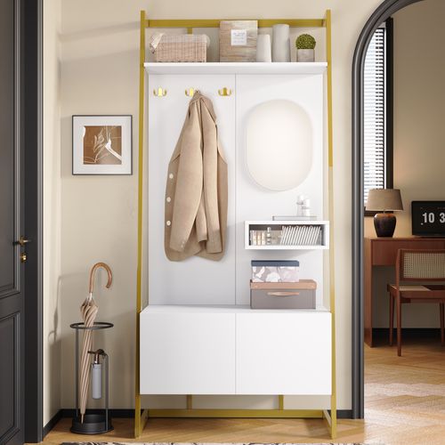 Garde-robe Compacte Moderne Avec Miroir, Banc Et Crochets Métalliques