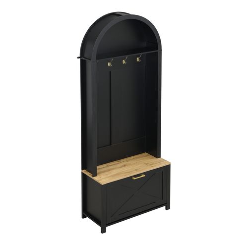 Vestiaire D’entrée Multifonction Avec Étagères, Crochets Et Rangement Chaussures 195x75x35cm, Noir