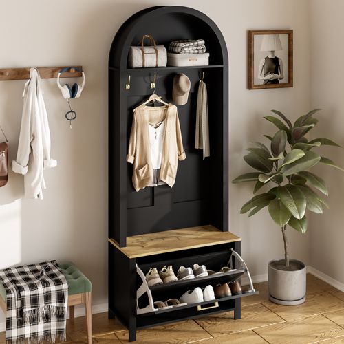 Vestiaire D’entrée Multifonction Avec Étagères, Crochets Et Rangement Chaussures 195x75x35cm, Noir