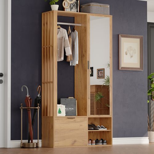 Vestiaire D’entrée 6-en-1 100 X 33 X 190 Cm Avec Miroir, Étagères Et Porte Inférieure