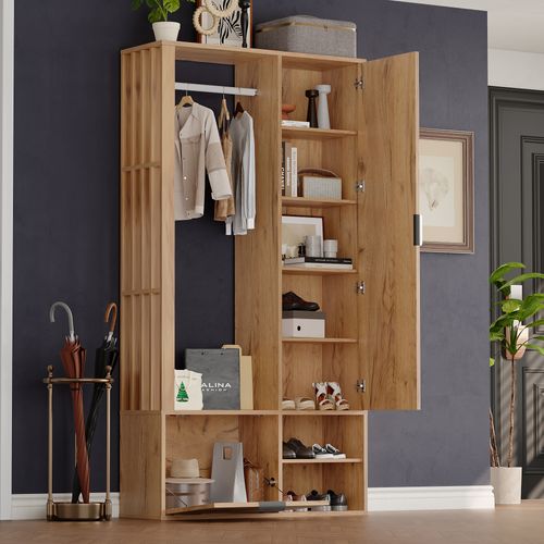 Vestiaire D’entrée 6-en-1 100 X 33 X 190 Cm Avec Miroir, Étagères Et Porte Inférieure