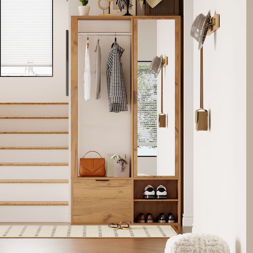 Vestiaire D’entrée 6-en-1 100 X 33 X 190 Cm Avec Miroir, Étagères Et Porte Inférieure
