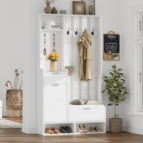 Vestiaire D’entrée Compact 6-en-1 Blanc 100 X 30 X 180 Cm Avec Banc, Tiroirs, Placard Et Crochets