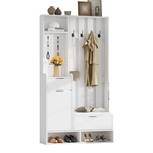 Vestiaire D’entrée Compact 6-en-1 Blanc 100 X 30 X 180 Cm Avec Banc, Tiroirs, Placard Et Crochets
