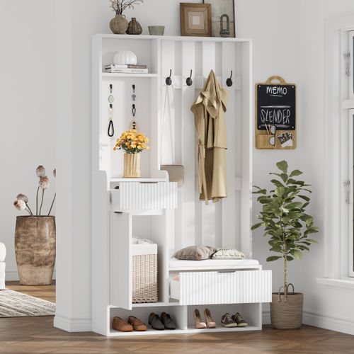 Vestiaire D’entrée Compact 6-en-1 Blanc 100 X 30 X 180 Cm Avec Banc, Tiroirs, Placard Et Crochets