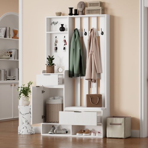 Vestiaire D’entrée Compact 6-en-1 Blanc 100 X 30 X 180 Cm Avec Banc, Tiroirs, Placard Et Crochets
