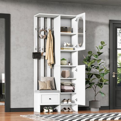 Vestiaire D’entrée Compact Blanc 85 X 33,5 X 200 Cm Avec Double Armoire, Verre Trempé Et Banc