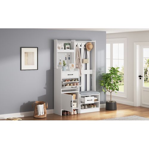 Vestiaire D’entrée 7 En 1 Autoportant Blanc Avec Banc à Chaussures, Tiroirs Et Crochets