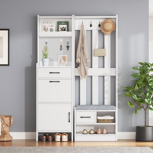 Vestiaire D’entrée 7 En 1 Autoportant Blanc Avec Banc à Chaussures, Tiroirs Et Crochets