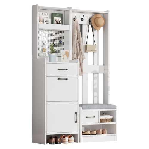 Vestiaire D’entrée 7 En 1 Autoportant Blanc Avec Banc à Chaussures, Tiroirs Et Crochets
