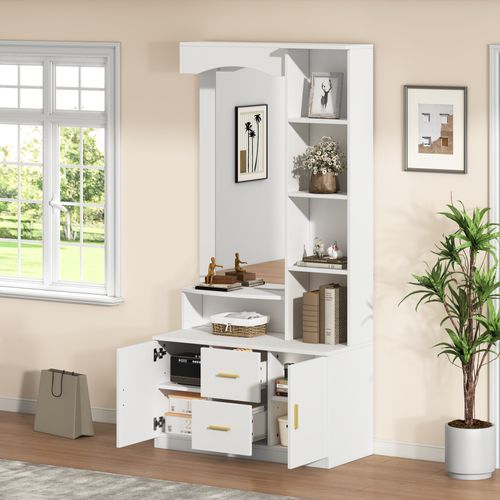 Vestiaire D’entrée Multifonction Blanc Avec Miroir, Rangements Fermés, Tiroirs Et Étagères Intégrées