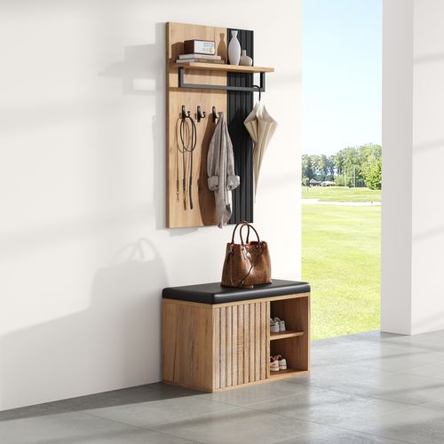 Vestiaire, Banc à Chaussure Avec Rangement Et Crochets, Meuble D'entrée Compact Noir Et Bois Naturel