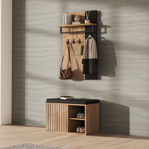 Vestiaire, Banc à Chaussure Avec Rangement Et Crochets, Meuble D'entrée Compact Noir Et Bois Naturel