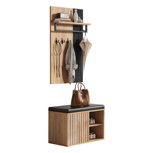 Vestiaire, Banc à Chaussure Avec Rangement Et Crochets, Meuble D'entrée Compact Noir Et Bois Naturel